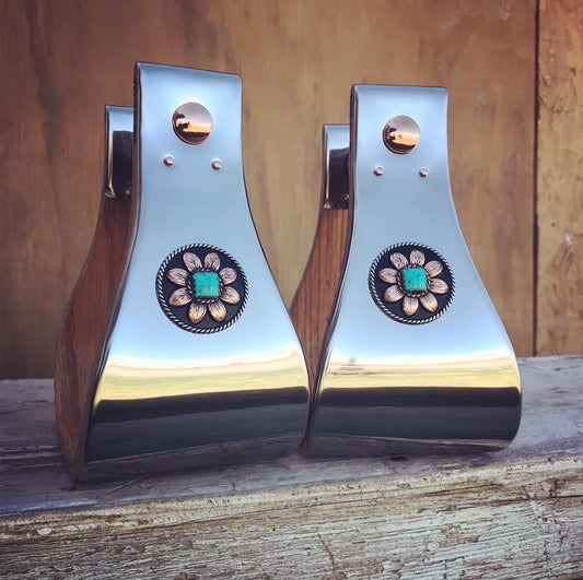 STAINLESS STIRRUPS WITH TURQUOISE FLOWER CONCHO