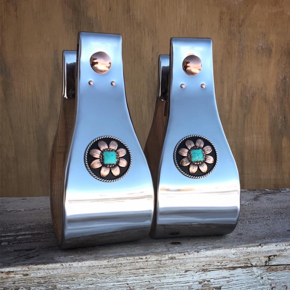 STAINLESS STIRRUPS WITH TURQUOISE FLOWER CONCHO