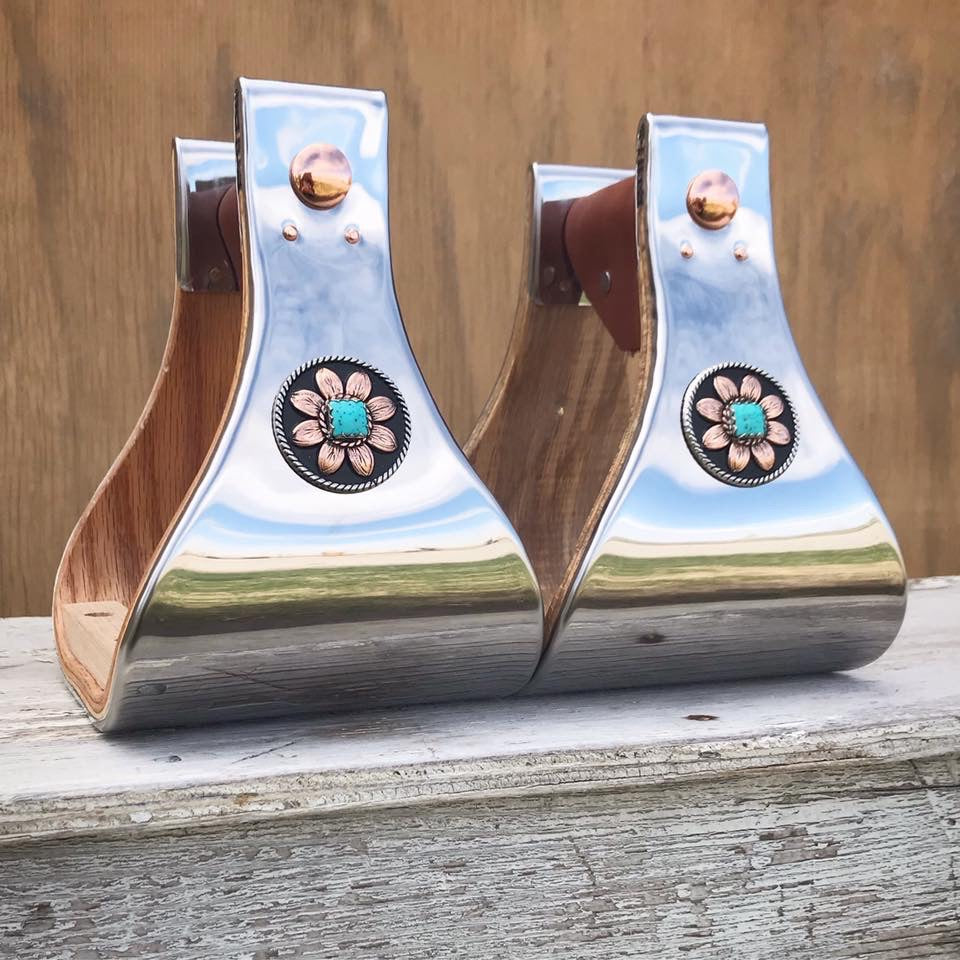 STAINLESS STIRRUPS WITH TURQUOISE FLOWER CONCHO